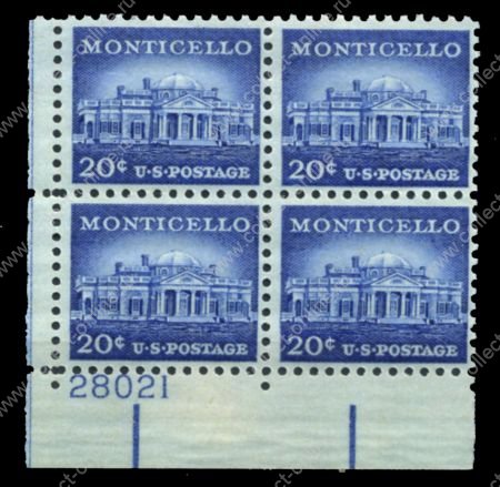 США 1954-1968 гг. • SC# 1047 • 20 c. • Выдающиеся американцы • Монтичелло • стандарт • № кв. блок • MNH OG XF+