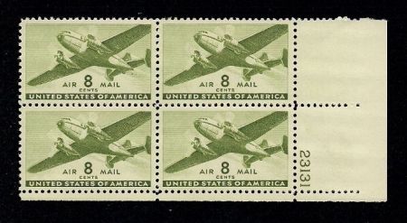 США 1941-4гг. SC# С 26 / 8c. САМОЛЕТ / MNH OG VF / АВИАЦИЯ / № кв. блок