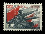 СССР 1938 г. • Сол# 594A • 1 руб. • 20 лет РККА • Чапаев у пулемета • прост. бум. • Used VF