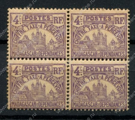 Мадагаскар 1908-1924 гг. • Iv# T9 • 4 c. • королевский дворец Антананариву • служебный выпуск • кв. блок • MNH OG F-VF