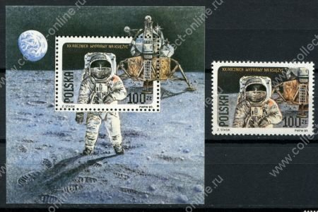 Польша 1989 г. • Mi# 3206,Block 109A • 20-летие высадки на Луну • марка + блок • MNH OG VF