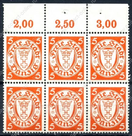 Данциг 1938-1939 гг. • Mi# 290 • 5 pf. • в.з. - 5 (свастика) • герб города • стандарт • блок 6 м. • MNH OG XF ( кат.- € 24+ )