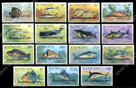 Сент-Винсент 1979 г. • SC# 572-86 • 1 c. - $10 • Рыбы (надпечатка "Независимость 1979") • MNH OG XF • полн. серия