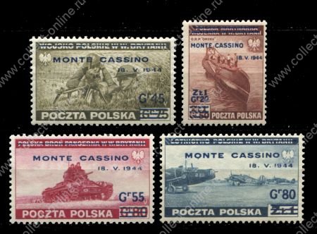 Польша 1944 г. • Mi# 376-9(SC# 3K17-20) • 45 gr. - 1.20 zt. • Битва под Монте-Кассино (надпечатки)  • MH OG XF • полн. серия ( кат. - €80- )