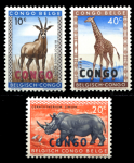 Демократическая Республика Конго 1960 г. • SC# 341-3 • 10 - 40 c. • Фауна страны (надпечатки на м. Бельгийского Конго) • африканские животные • MNH OG XF