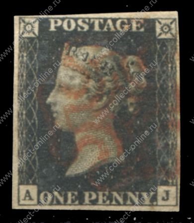 Великобритания 1840 г. Gb# 1 • 1 d. • Королева Виктория • Черный пенни • гашение - красный мальтийский крест • Used XF ( кат.- £400 )