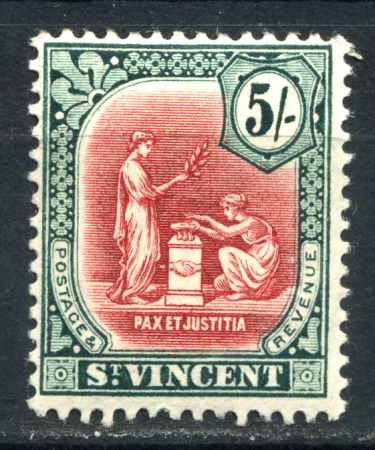 Сент-Винсент 1913-7 гг. • Gb# 119 • 5 sh. • Георг V • "Мир и порядок" • стандарт • MH OG VF ( кат.- £13 )