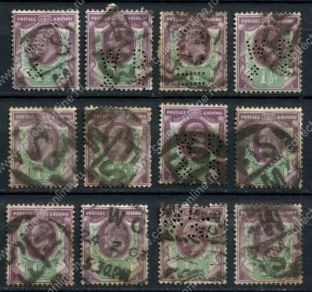 Великобритания 1902-1910 гг. • Gb# 221 • 1 ½ d. • Эдуард VII • пурпурн. и зеленая • стандарт • лот 12 шт. • Used F-VF ( кат.- £240 )