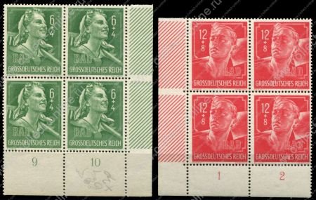 Германия 3-й рейх 1944 г. • Mi# 894-5 (SC# B281-2 ) • Труд на благо рейха (RAD Имперская служба труда) • благотворительный выпуск • полн. серия • кв. блоки • MNH OG XF+
