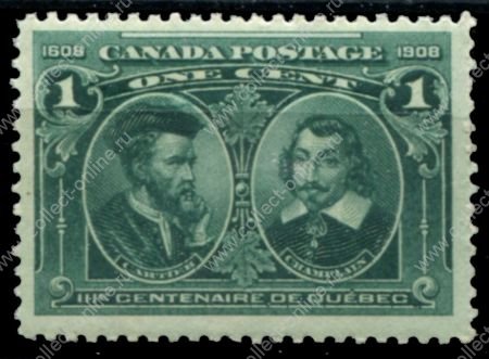 Канада 1908 г. • SC# 97 • 1 c. • 300-летие Квебека • Ж. Картье и С. Чамплейн • MLH OG XF ( кат.- $30 )
