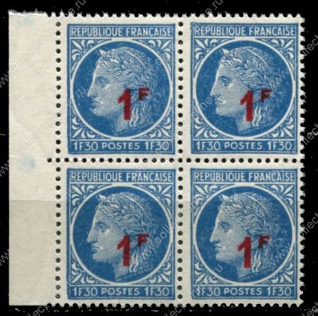 Франция 1947 г. • Mi# 807 • 1 на 1.30 fr. • надпечатка нов. номинала • стандарт • кв.блок • MNH OG XF+
