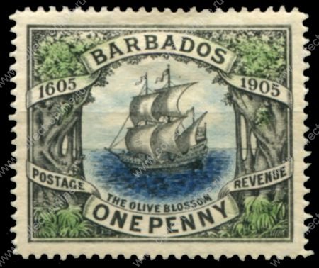 Барбадос 1906 г. • Gb# 152 • 1 d. • 300-летие британской аннексии • парусник • MH OG VF ( кат.- £ 16 )