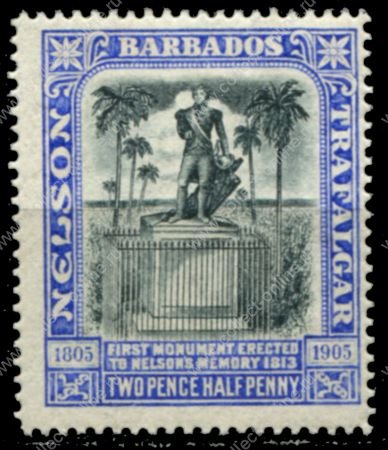 Барбадос 1906 г. • Gb# 149 • 2½ d. • Адмирал Нельсон • 100 лет со дня рождения • памятник • MH OG VF ( кат.- £4 )