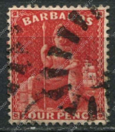 Барбадос 1875-1880 гг. • GB# 76 • 4 d. • "Британия" • (красная) перф. 14 • Used XF ( кат. - £15 )