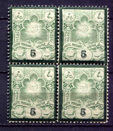 Иран 1882-1884 гг. • SC# 53 • 5 s. • Солнце в орнаменте • кв. блок • MNH!! OG VF ( кат.- $ 200+ )