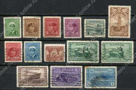 Канада 1942-1943 гг. • SC# 249-62 • 1 c. - $1 • Георг VI • осн.("военный") выпуск • полн. серия • Used VF ( кат.- $ 16.5 )