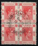 Гонконг 1938-1952 гг. • Gb# 148 • 20 c. • Георг VI • стандарт • кв. блок • Used XF