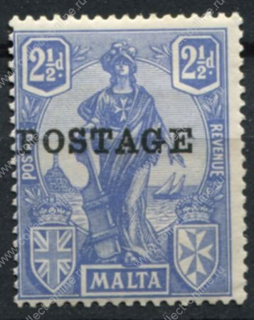 Мальта 1926 г. • Gb# 148 • 2 ½ d. • Женщина "Мальта" с рулевым веслом • надп. "Почта" • MH OG VF