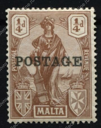 Мальта 1926 г. • Gb# 143 • ¼ d. • Женщина "Мальта" с мечом • надп. "Почта" • MH OG VF