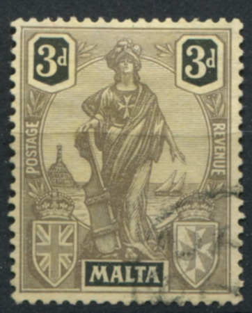 Мальта 1922-1926 гг. • Gb# 131 • 3 d. • Женщина "Мальта" с мечом • Used VF ( кат. - £25 )