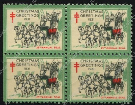 США • Рождественские этикетки 1931 г. • SC# WX62 • новогодний дилижанс • кв.блок • Mint NG VF