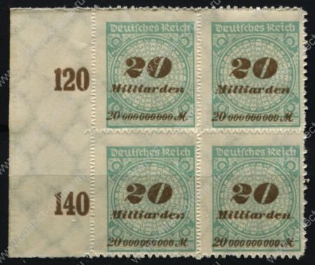 Германия 1923 г. • Mi# 329B • 20 Mlrd. M. • просечка • стандарт • кв. блок • MNH OG XF+ ( кат.- € 12+ )