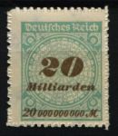 Германия 1923 г. • Mi# 329B • 20 Mlrd. M. • просечка • стандарт • MNH OG VF ( кат.- € 3 )