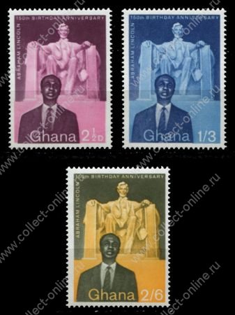 Гана 1959 г. • Gb# 204-6 • 2½ d. - 2s.6d. • Авраам Линкольн (150 лет со дня рождения) • полн. серия • MNH OG XF