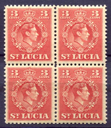 Сент-Люсия 1949-1950 гг. • Gb# 148 • 3 c. • Георг VI • перф: 12½ • стандарт • кв. блок • MNH OG VF ( кат. - £7+ )