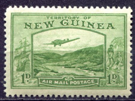 Новая Гвинея 1939 г. • Gb# 213 • 1 d. • самолет над долиной реки, фрегат • авиапочта • MH OG VF ( кат.- £ 3,5 )