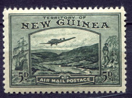 Новая Гвинея 1939 г. • Gb# 218 • 5 d. • самолет над долиной реки, фрегат • авиапочта • MH OG VF ( кат.- £ 14 )