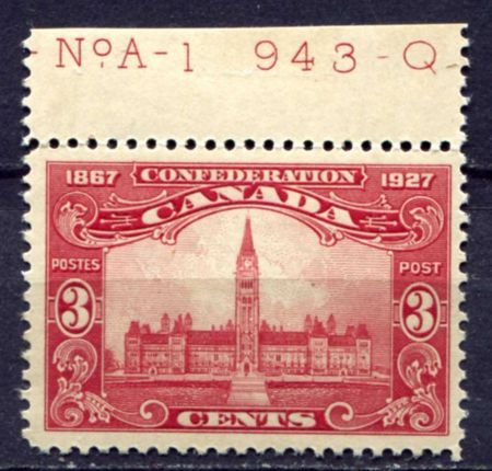 Канада 1927 г. • SC# 143 • 3 c. • 60-летие образования Конфедерации • здание Парламента • MLH OG XF+ ( кат.- $ 9+ )