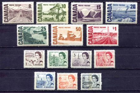 Канада 1967-1972 гг. • SC# 454-65B • 1 c. - $1 • Елизавета II • ландшафты • стандарт • полн. серия • MNH OG VF