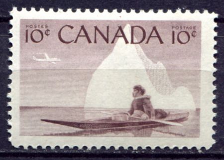 Канада 1955 г. • SC# 351 • 10 c. • Эскимос в каяке на фоне айсберга • MNH OG XF