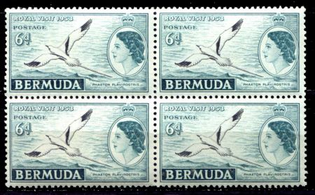 Бермуды 1953 г. • Gb# 151 • 6 d. • Елизавета II • Королевский визит • птица фаэтон • кв. блок • MNH OG VF