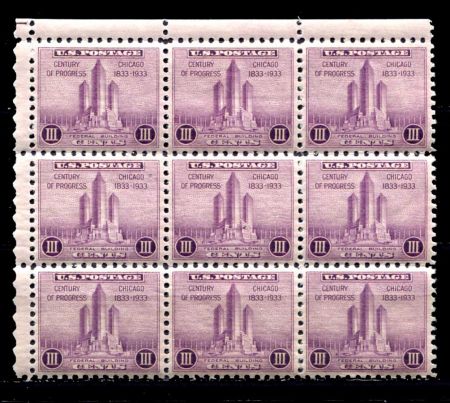 США 1933г. SC# 729 / 3c. / MNH OG VF / блок  9 марок / АРХИТЕКТУРА 