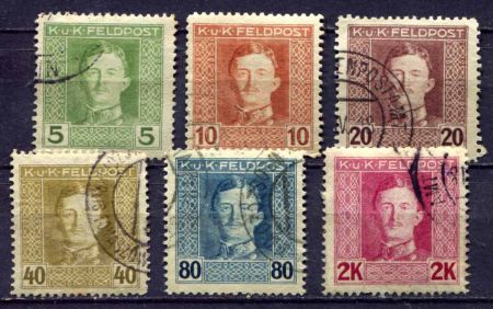 Австрия 1918 г. • Sc# M54..65 • 10 h. .. 2 Kr. • Император Карл • 6 марок • армейская почта • Used VF