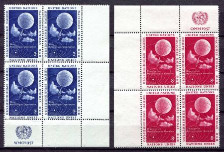 ООН 1957г. SC# 49-50 / МЕТЕОРОЛОГИЯ / MNH OG VF / кв. блоки / ООН