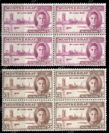 Монтсеррат 1946 г. • Gb# 113-4 • 1 ½ и 3 d. • выпуск Победы • MNH OG XF • полн. серия • кв. блоки