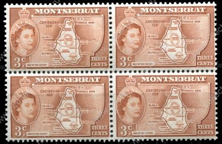 Монтсеррат 1953-1962 гг. • Gb# 139a • 3 c. • Елизавета II основной выпуск • карта острова (тип II - "colony") • кв. блок • MNH OG VF