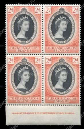 Теркс и Кайкос 1953 г. • Gb# 234 • 2 d. • Коронация Елизаветы II • кв.блок • MNH OG XF+