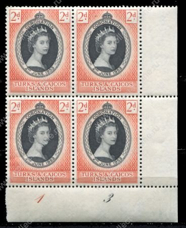 Теркс и Кайкос 1953 г. • Gb# 234 • 2 d. • Коронация Елизаветы II • № кв.блок • MNH OG XF+