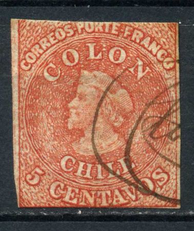 Чили 1856-1862 гг. • SC# 9 • 5 с. • Христофор Колумб • стандарт • Used F-VF ( кат. - $8 )