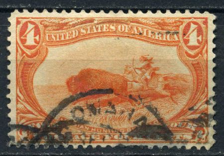 США 1898 г. • SC# 287 • 4 c. • Выставка "Транс-Миссисипи" • индеец охотящийся на бизона • Used VF ( кат. - $30.00 )