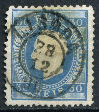 Португалия 1870-1884 гг. • Mi# 48(Sc# 43) • 50 r. • Луиш I • голубая • стандарт • Used VF ( кат.- €75 )