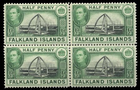 Фолклендские о-ва 1938-1950 гг. • Gb# 146 • ½ d. • Георг VI • основной выпуск • арка из китовых костей • кв. блок • MNH OG VF