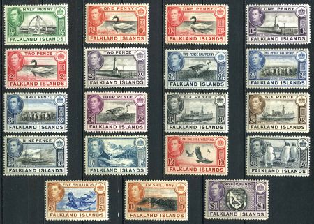 Фолклендские о-ва 1938-1950 гг. • Gb# 146-63 • Георг VI основной выпуск • ½ d. - £1 • фауна и виды островов • полн. серия(19 м.) • MLH OG XF • полн. серия ( кат.- £475 )