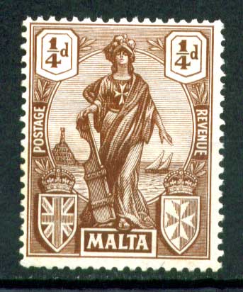 Мальта 1922-1926 гг. • Gb# 123 • ¼ d. • Женщина "Мальта" с мечом • MNH OG VF