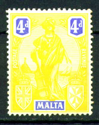 Мальта 1922-1926 гг. • Gb# 132 • 4 d. • Женщина "Мальта" с мечом • MNH OG VF