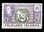 Фолклендские о-ва 1938-1950 гг. • Gb# 163 • £1 • Георг VI • основной выпуск • герб территории • MLH OG VF (кат. - £130) 